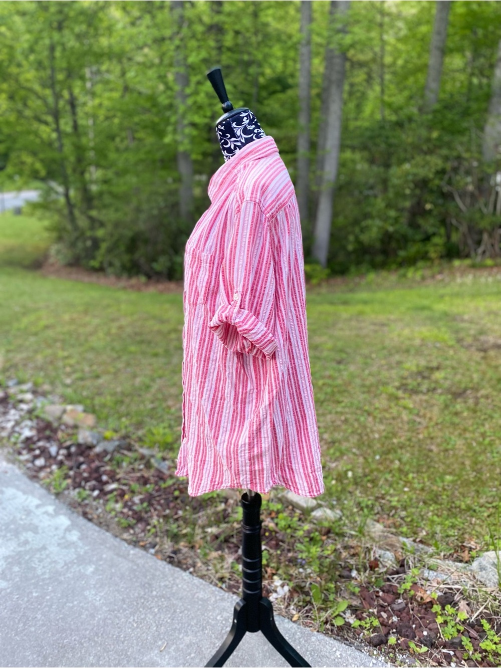 Woman Within Pink & White Striped Button Up Oversized Shirt Size 1X - Picture 9 of 12